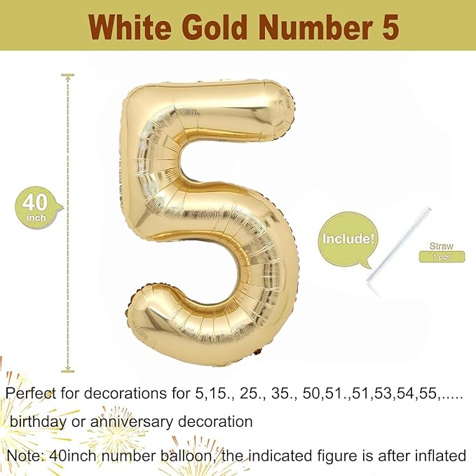 40 inch White Gold Number Balloon Giant Foil Helium Balloons Champagne Gold Number 5 Balloon for 5th Birthday Party Decorations