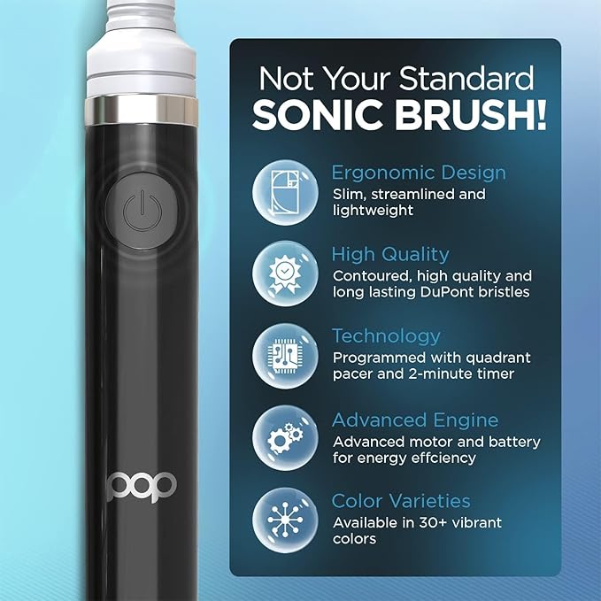 2-Pack Pop Sonic Electric Toothbrush (Black) - Travel Toothbrushes w/AAA Battery | Kids Electric Toothbrushes with 2 Speed & 15,000-30,000 Strokes/Minute, Dupont Nylon Bristles