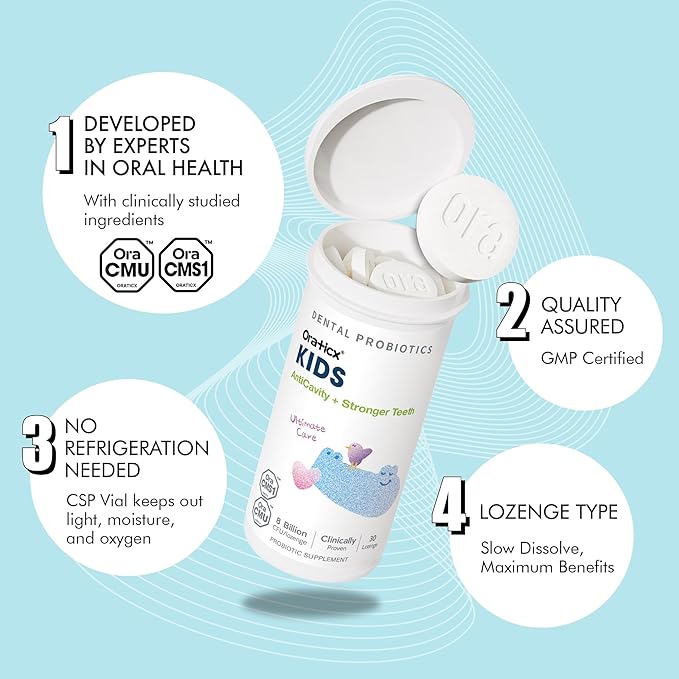 OraTicx Kids Dental Probiotics for Anti-Cavity + Healthy Teeth and Gums, 8 Billion CFU Probiotics for Oral Health, Yogurt Flavor 1-PK