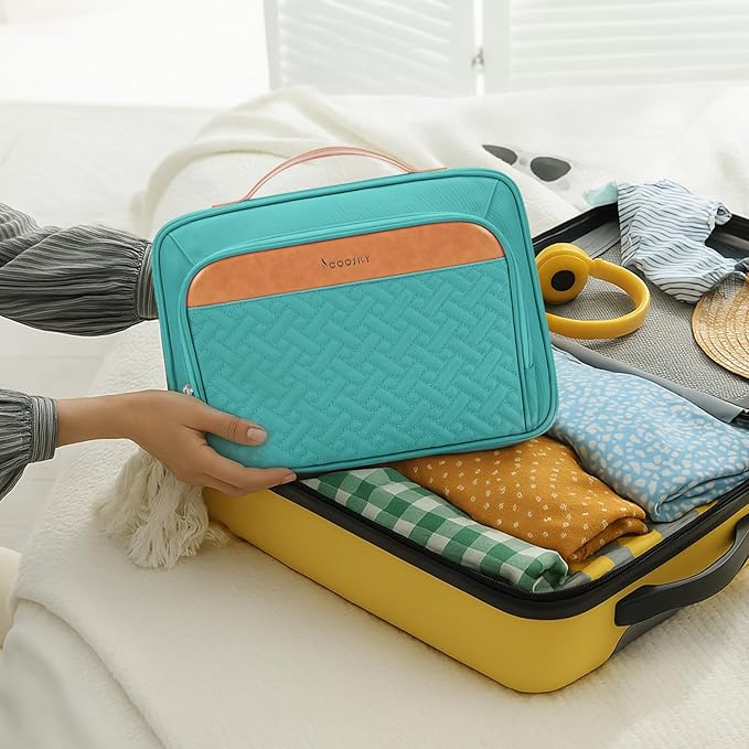 COOSKY Travel Hanging Toiletry Bag for Women, Cruise Ship Essentials, with Jewelry Organizer, Extra Large Makeup Dopp Kit, Waterproof Cosmetic Bags, Toiletries Kit Set with Trolley Belt, Blue