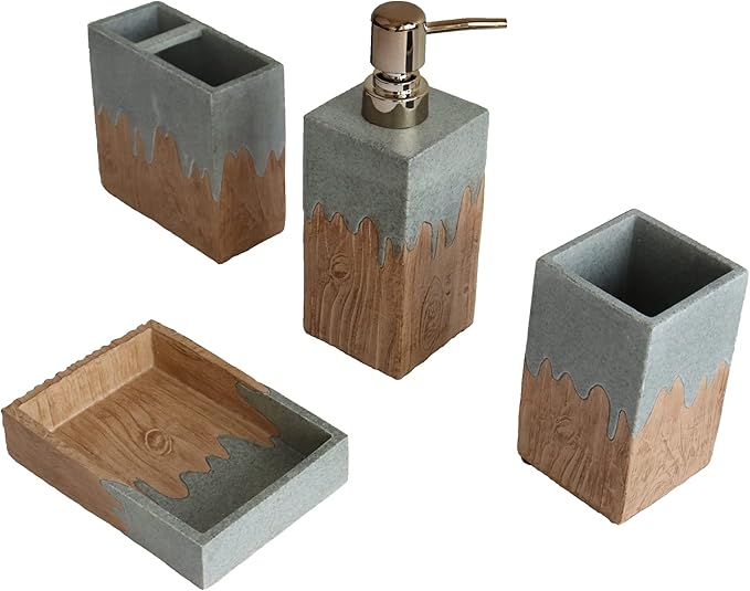 Hymmah Bathroom Accessories Set,Wooden Design Toothbrush Holder,Farmhouse Bathroom Decor,4 Pcs Resin Gift Set Apartment Necessities, Contain Toothbrush Cup,Soap Dispenser,Soap Dish,Tumbler