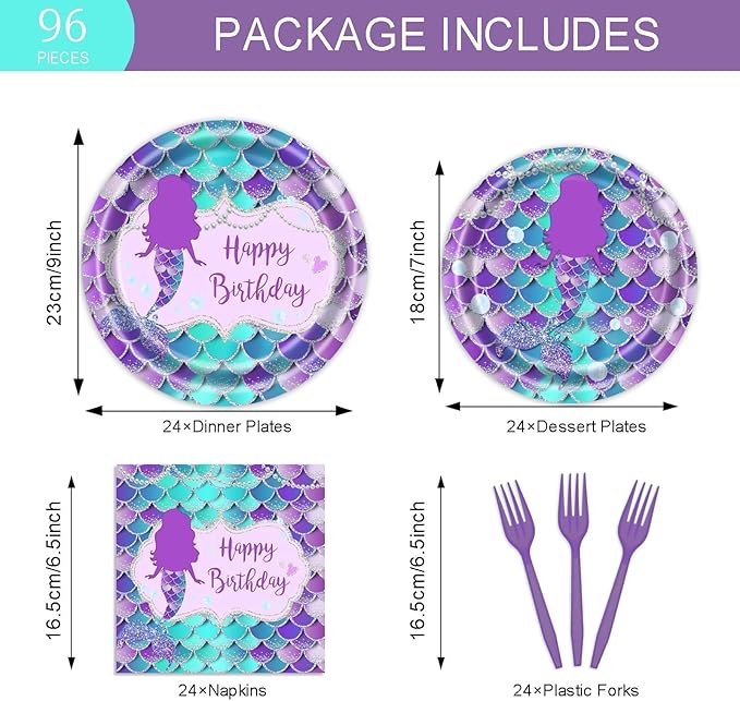 Vanulus 96 PCS Mermaid Birthday Party Supplies Set Mermaid Plates and Napkins Birthday Party Tableware Packs Decorations Little Mermaid Disposable Paper Plates Napkins Forks Serve 24 Guests