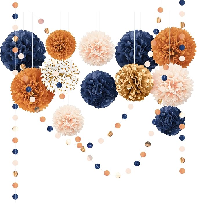 AOBKIAT Boho Fall Wedding Party Decorations,15PCS Navy Blue Orange Tissue Paper Pom Poms Colorful Paper Garland String Hanging Backdrop for Baby Shower,Bridal Shower,Gardens Celebration