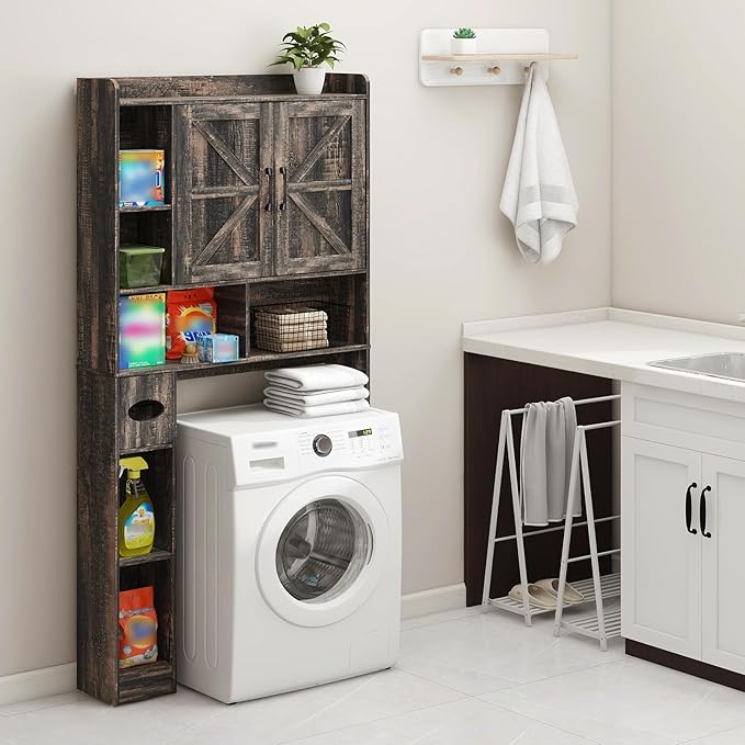 Over The Toilet Storage Cabinet, Farmhouse Storage Cabinet Over Toilet with 2 Barn Doors & Toilet Paper Holder Stand，Home Space-Saving Toilet Rack, for Bathroom, Restroom, Laundry