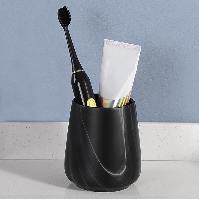 Marble Black Toothbrush Holder for Bathroom - Ceramic Tooth Brushing Holders, Toothbrush Cup, Toothpaste Organizer for Bathroom Countertop, Makeup Brush Holder, Pen Holder for Home Desktop Storage