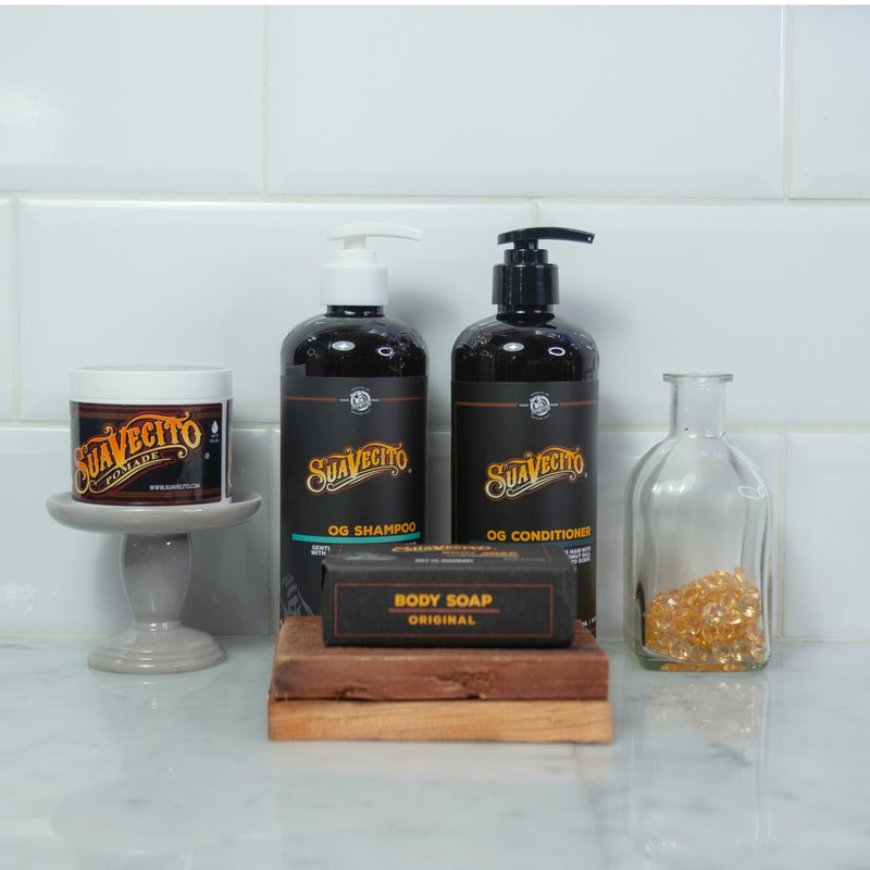 Suavecito Hair & Body Essentials Bundle: Original Hold Hair Styling Pomade, Moisturizing Body Soap, Hydrating Shampoo & Nourishing Conditioner