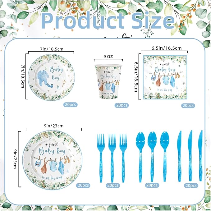 140pcs Boy Baby Shower Decorations Plates Shower Party Tableware with Plates, Napkin, Forks, Cups for Birthday Party Supplies Set Serves 20 Guests (Blue)