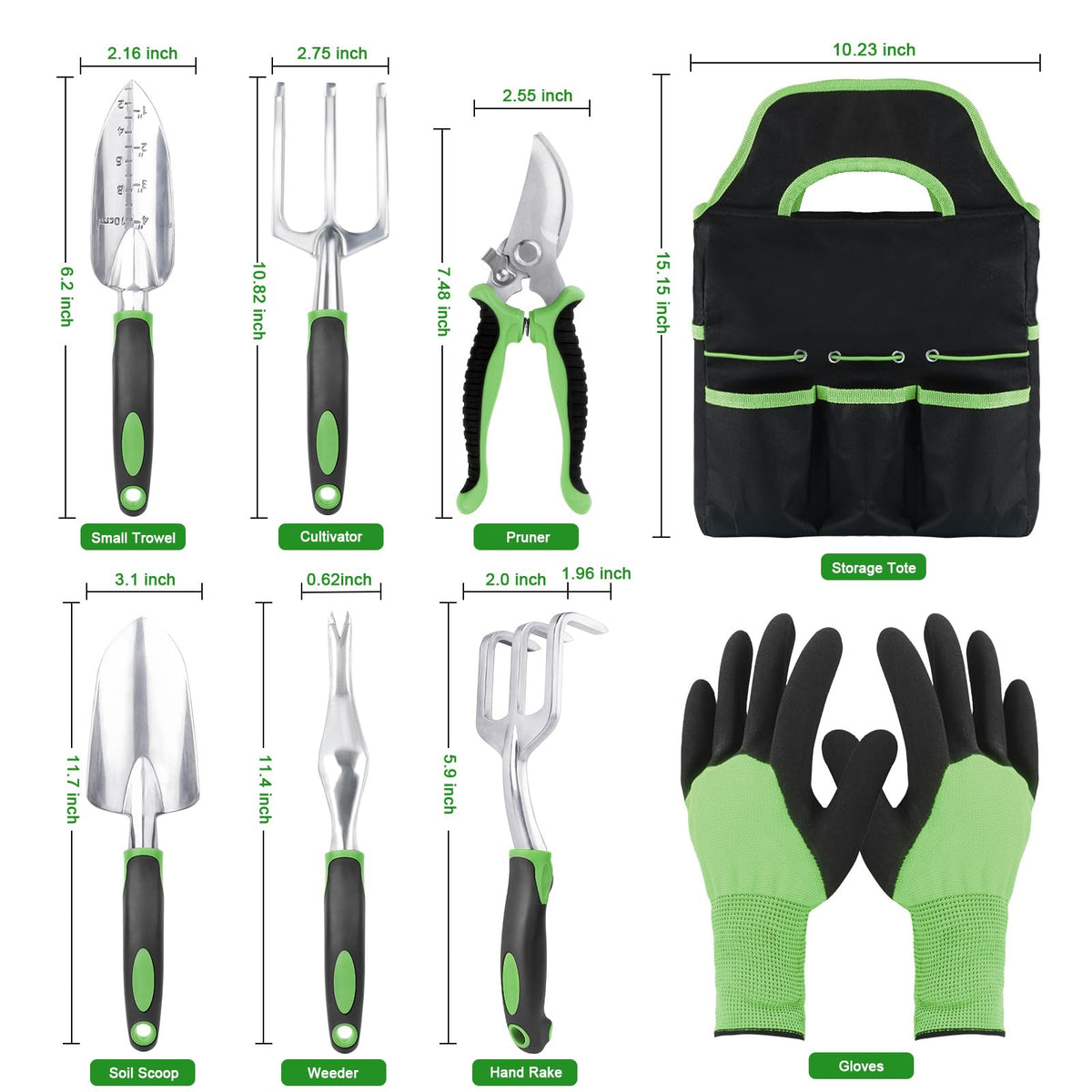 Garden Tools Set, 8 Piece Gardening Tools Set with Non Slip Ergonomic Handle, Heavy Duty Garden Tool Set with Storage Bag, Gardening Kit for Women, Garden Hand Tools Gift, Green