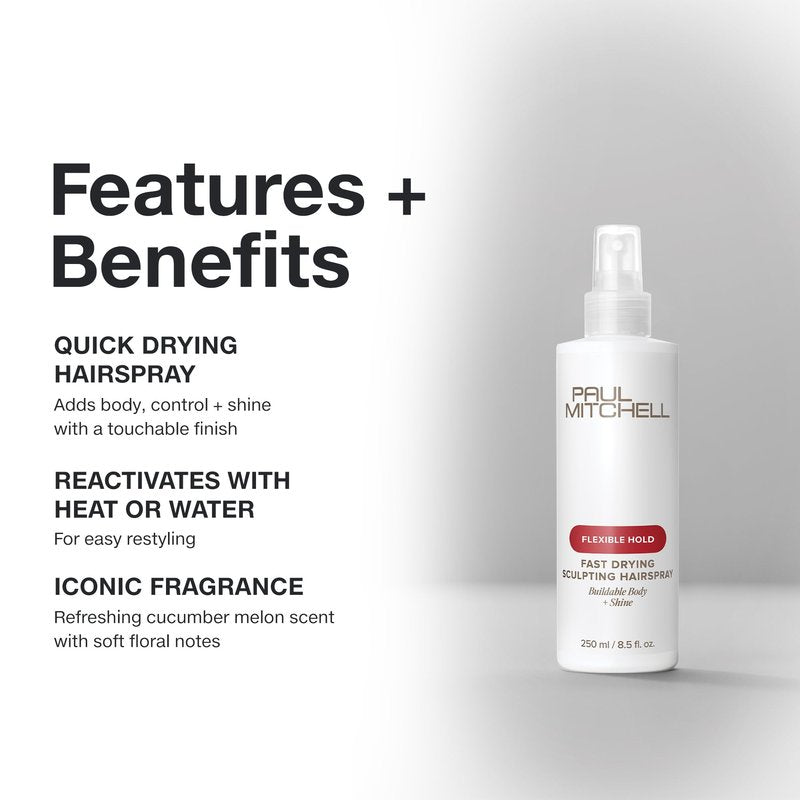 Paul Mitchell Fast Drying Sculpting Hairspray, Flexible Hold, Buildable Body + Shine, For All Hair Types, 8.5 fl oz