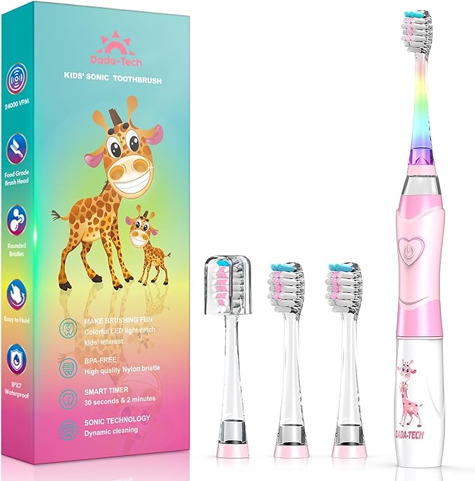 Kids Electric Toothbrush Toddler Toothbrush Age 2-4-8-12 Girls Electric Toothbrush with Timer Rainbow LED Light Up Vibrating Toothbrush Battery Operated Childrens Sonic Tooth Brush (Pink Giraffe)