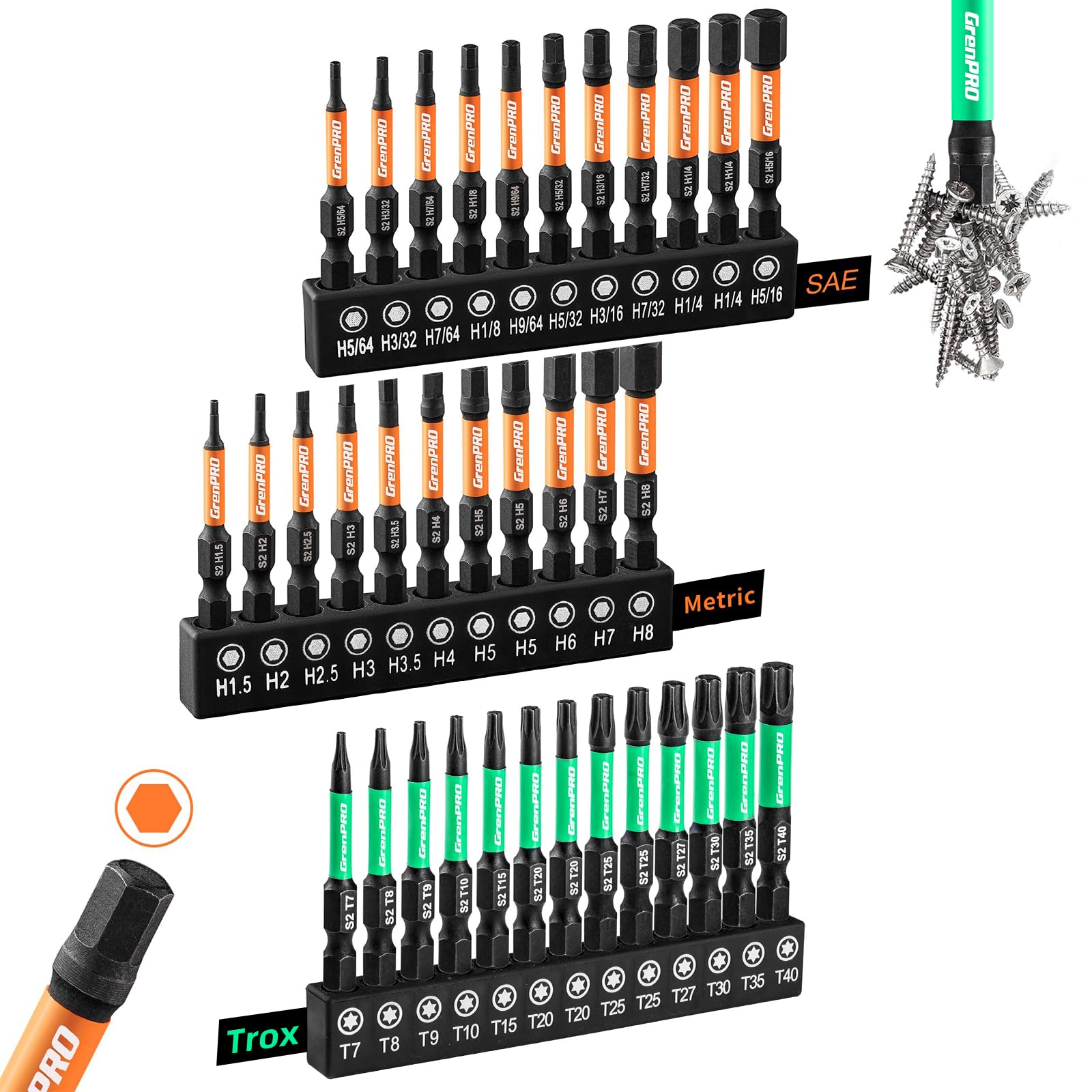 GRENPRO Impact Screwdriver Bits Set, 35Pcs 2” Allen Wrench Drill Bit Set (Metric & SAE)/Trox, Premium S2 Steel Magnetic 1/4" Hex-Shank Bit Set,CNC Machined, Automotive Mechanic Home Repair