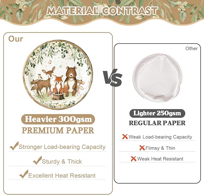 300Pcs Woodland Baby Shower Party Supplies - Serves 50 Guests, Safari Jungle Animal Party Decorations Include Plates and Napkins, Cups, Straws, Forks