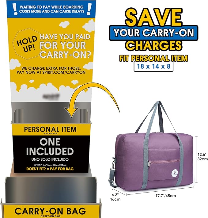 For Spirit Airlines Personal Item Bag Foldable Travel Duffel Bag Tote Carry on Luggage Duffle Overnight for Women and Men