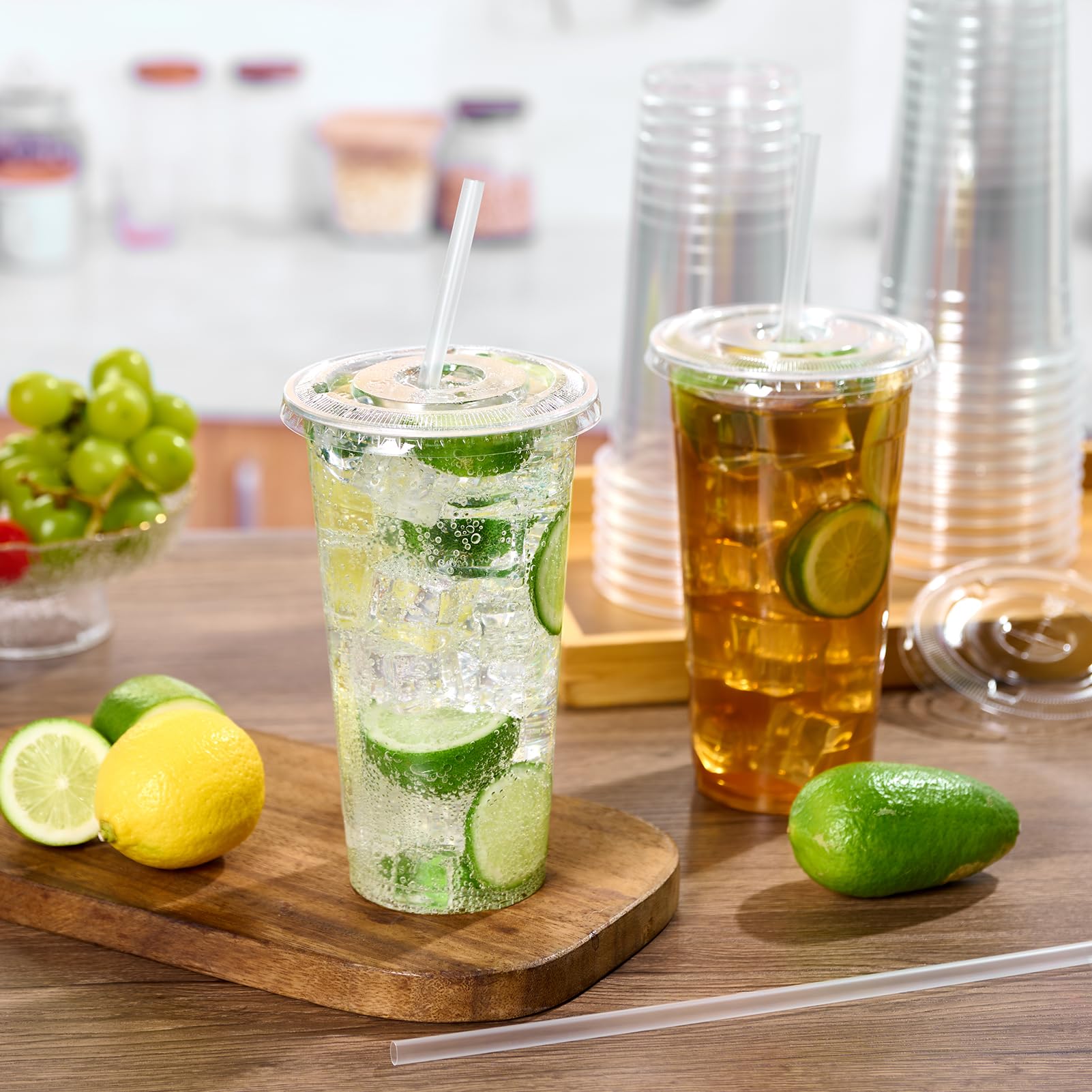 Turbo Bee 100 Sets 32 OZ Clear Plastic Cups with Lids and Straws, Disposable To Go Iced coffee cups with lids for Cold Drinks, Smoothie, and Slushie