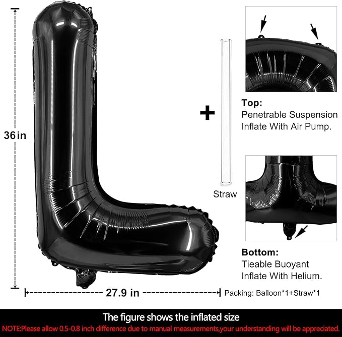 Lovoir 40 Inch Large Black Letter L Balloons Big Size Jumbo Mylar Foil Helium Balloon for Birthday Party Celebration Decorations Alphabet Black L