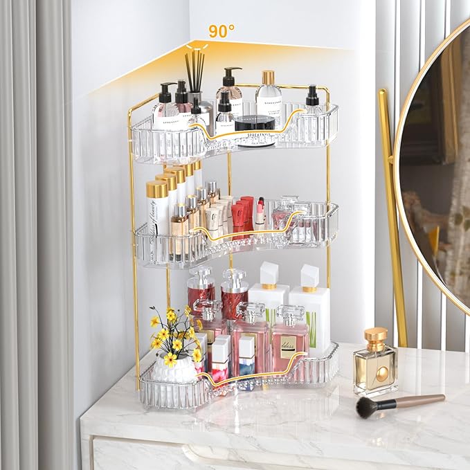 GTI 3-Tier Corner Bathroom Counter Organizer, Large Capacity Makeup Organizer Countertop, Perfume Cosmetics Skincare Vanity Organizers, Exquisite Countertop Storage for Women (Clear)