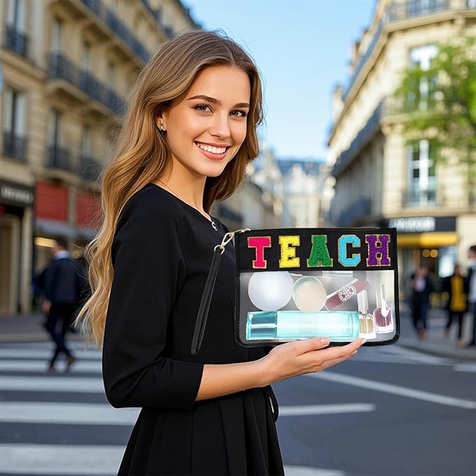 Chenille Letter Bag, Multi-purpose Nylon Clear Makeup Cosmetic Bags Flat Pouches with Zipper for Travel, Gym, Beach (Black-Teach)