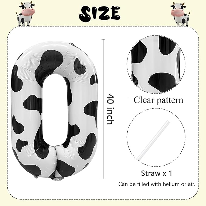 Cow Print Number Balloons, Large Foil Number 0 Balloon 40 Inch Cow Balloon for Boys Girls Birthday Decoration Cow Themed Birthday Party Decorations Farm Animal Party Supplies