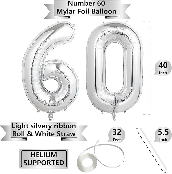 Number Balloons Silver Party Balloon - Giant Number 60 Balloon, 40 Inch Large Balloon for 60th Birthday Decorations, Silver Party Supplies for Anniversary