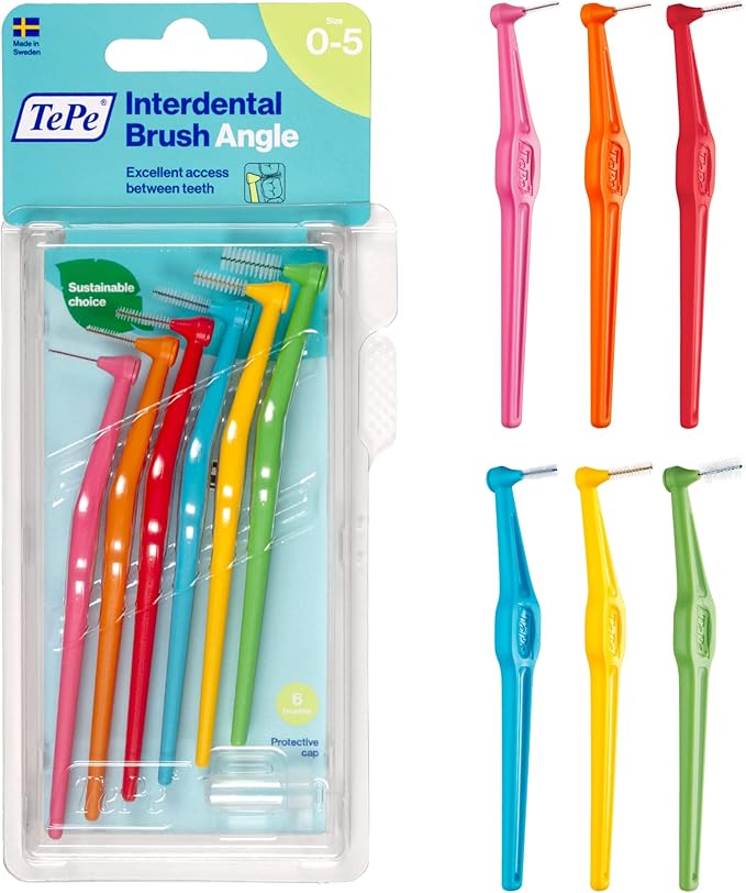 TePe Pack of 6 Interdental Brush Angle, Angled Dental Brush for Teeth Cleaning, Multi Pack