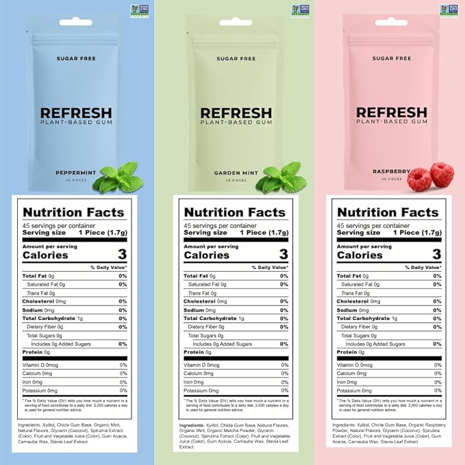 Refresh Gum Peppermint – Xylitol, Sugar Free Chewing Gum Pouches, Natural Flavor & Organic Ingredients – Aspartame Free, Plant-Based, Non-GMO – 45 Pieces Each, 3 Pack