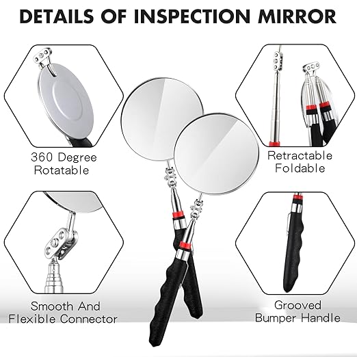 2 Pcs Telescoping Inspection Mirrors, Mechanics Mirror Tool with Long Handle, Round Extendable Mirror on a Stick for Technicians Mechanics Contractors Checking Observation(85mm,Black)