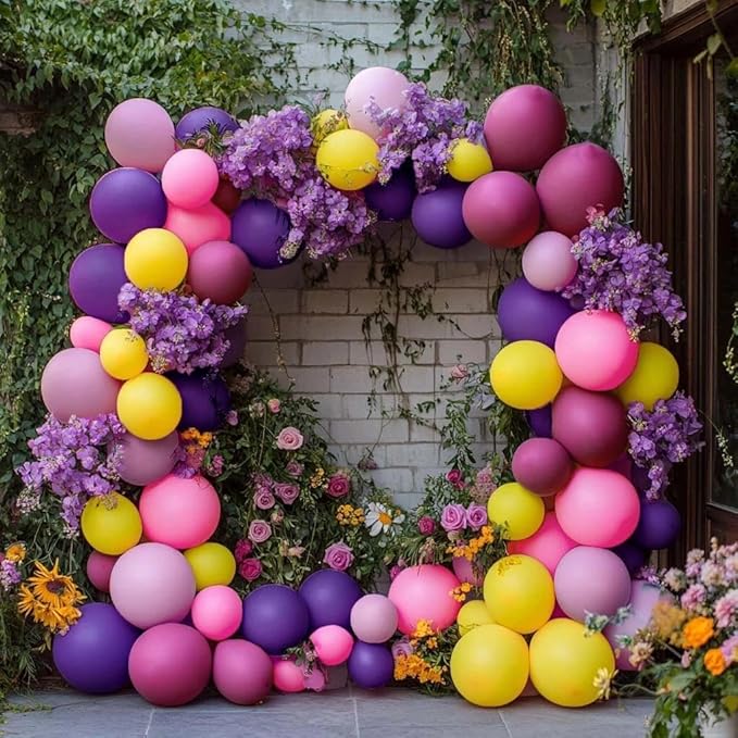 Pink Yellow Balloon Arch - Double Stuffed Hot Pink Purple Balloons Different Size Latex Magenta Balloon Garland for Happy Birthday Baby Shower Wedding Fall Mexican Party Decorations
