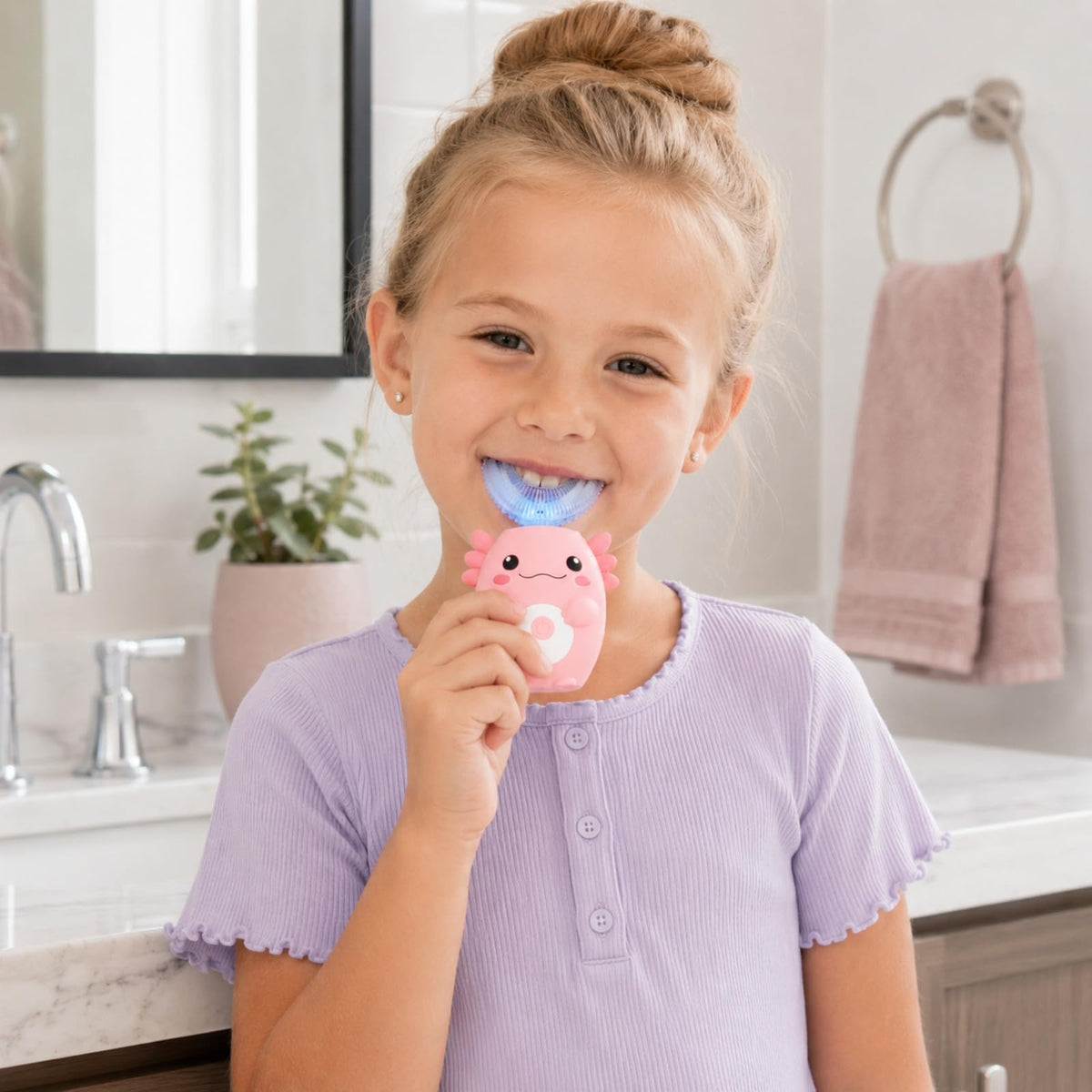 Kids Electric U Shaped Automatic Toothbrush,Cute Axolotl-Age 2-15 Pink