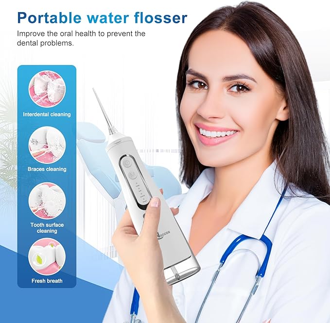 Cordless Water Dental Flosser Oral irrigator,JNGOODS 310ml Rechargeable Water flosser for Teeth IPX7 Waterproof 4 Modes Portable Oral Irrigator with 4 Jet Tips,Travel Home use (White)