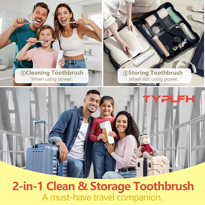 Toothbrush Sanitizer Case, TYPLFH Toothbrush Covers, Portable Toothbrush Travel Holder for Clean and Storage, C Port and AA Batteries Charge, Air Water Filt, Auto-Off, for All Toothbrushes (Blue)