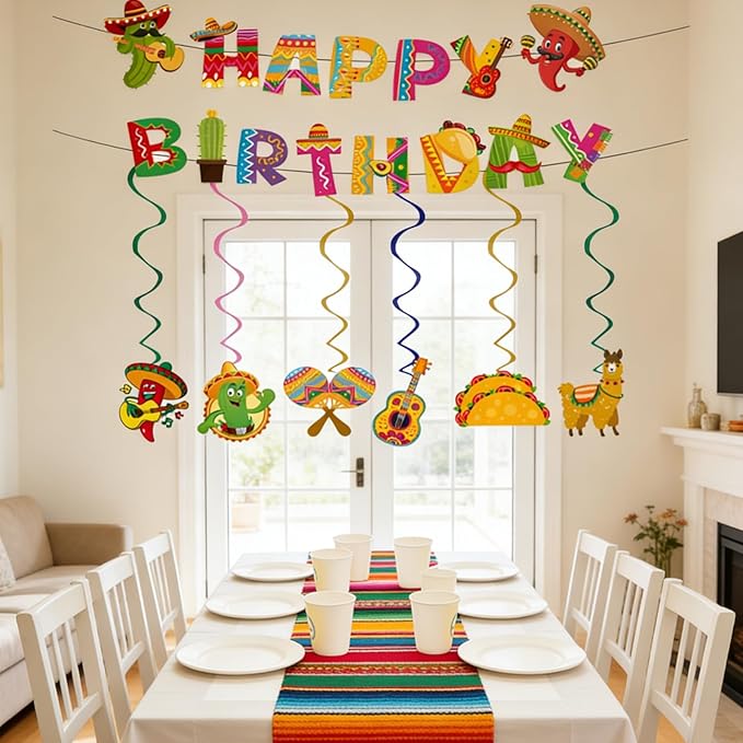 Mexican Fiesta Birthday Decorations, Colorful Mexican Banner Cinco De Mayo Garlands Hanging Swirls Decor for Mexico Carnival Taco Birthday Party Supplies (Fiesta)