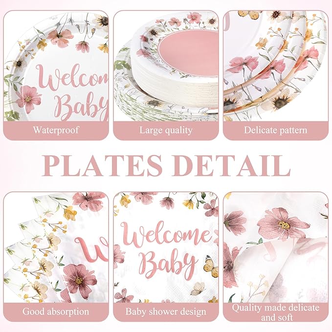 Pickmesh 250 Pcs Pink Floral Baby Shower Party Supplies Decorations Serve 50 Wildflower Welcome Baby Disposable Paper Plates Napkins and Cups for Birthday Babies Girl Shower Gender Reveal Party Decor