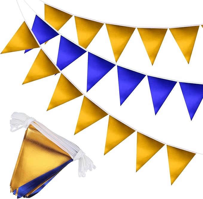 PATIKIL Pennant Banner Flags 33 Ft, 36 Pcs Colorful Triangle Banners Party Banner Bunting Garland String for Graduation Birthday Wedding Outdoor Decoration, Glitters Blue/Gold