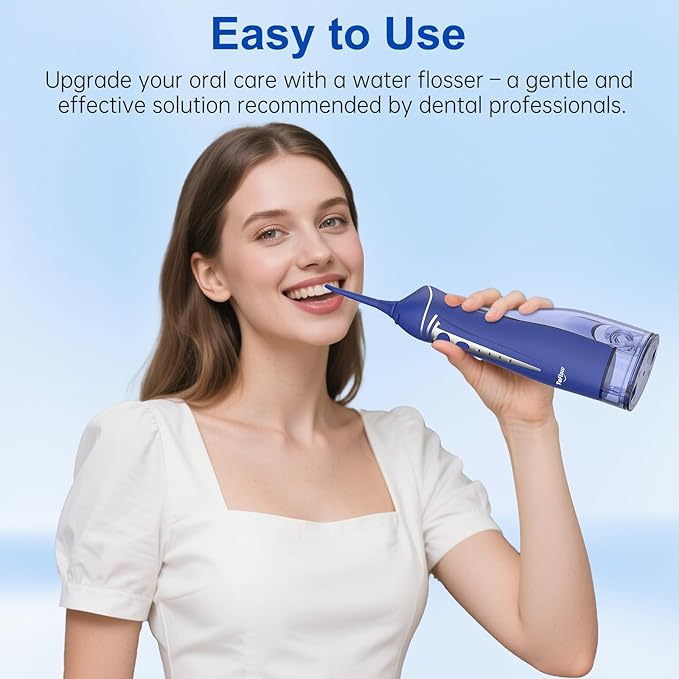 Water Dental Flosser Pick for Teeth: Cordless Rechargeable Oral Irrigator - 4 Modes IPX7 Waterproof 300ML Removable Tank Electric Dental Flossing Machine for Braces, Travel & Home Use (Dark Blue)