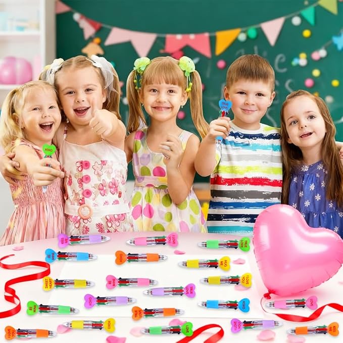 24pcs Valentine's Day Hearts Pens Cute Cartoon Multicolor Pen Fun 4-in-1 Pens Bulk Be Mine Love XOXO Valentines Stationery Party Favors School Supplies Students Rewards