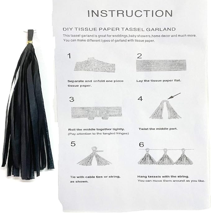 Tissue Paper Tassels Garland Banner Table Decor Party Banner Wedding Birthday Baby Shower Nursery Party Decorations Supplies (20, Black)