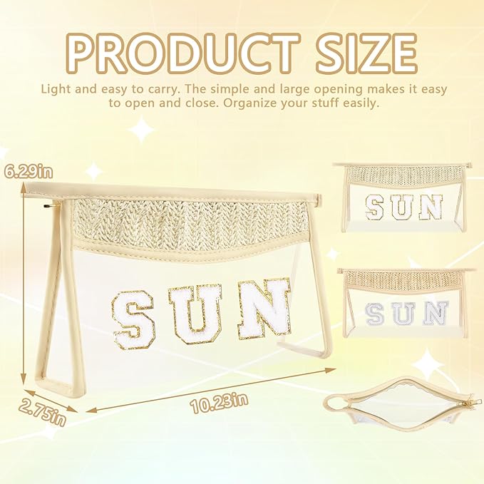 Iqimott 2Pcs Preppy Patch Sun Bag Makeup Letter Bag, Boho Letter Sun Bags for Beach Swim, Waterproof Zipper Make up Bags Toiletry Pouch for Women Girls, Clear Transparent Pouch for Travel(Sun)