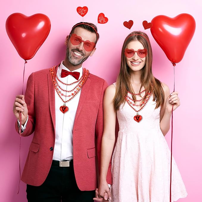 Kanayu 36 Pcs Valentine's Day Accessories Set Include 12 Heart Headbands 12 Glasses and 12 Heart Beaded Necklace for Valentine Props Party Costume Supplies Accessory(Red)