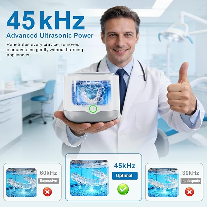Ultrasonic Retainer Cleaner, 45kHz Retainer Cleaner Machine UV-C Dental Cleaning Pod Lights, 24W, 4000mAh, 200ml, for Denture, Night Guard, Mouth Guard, Aligner, Brace, Multiple