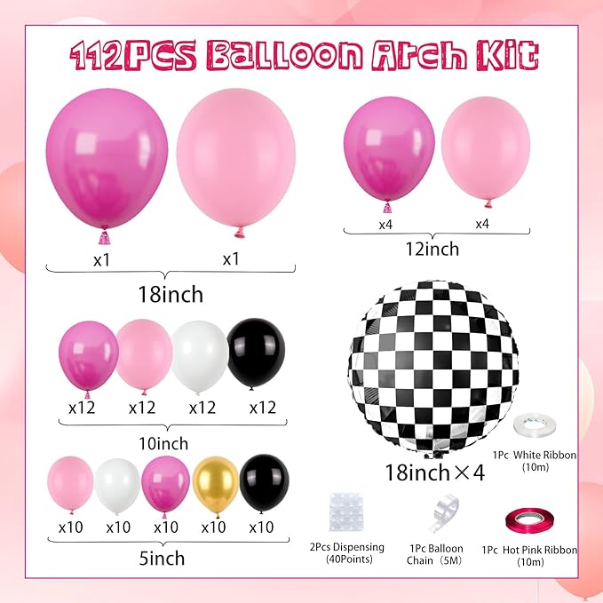 FunHot Pink Race Car Balloon Arch Garland Kit, Hot Pink Black Balloons Arch with Black and White Plaid Foil Balloons for Racing Car Theme Birthday Party Decorations