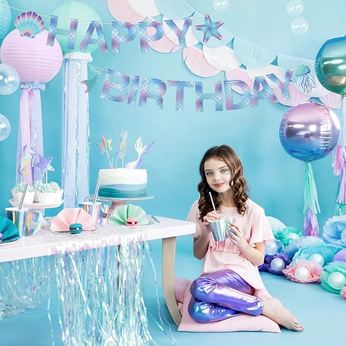 Mermaid Birthday Banner Sign, Mermaid Happy Birthday Bunting Banner Flag Garland for Girls Kids Baby Party, Baby Shower Decorations Supplies
