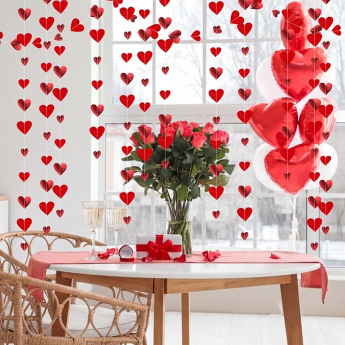 10 Pack 130ft Glitter Red Holographic Heart Party Garland Asymmetrical Love Hanging Banners for Birthday Wedding Decorations Mothers Day Bachelorette Bridal Shower Engagement