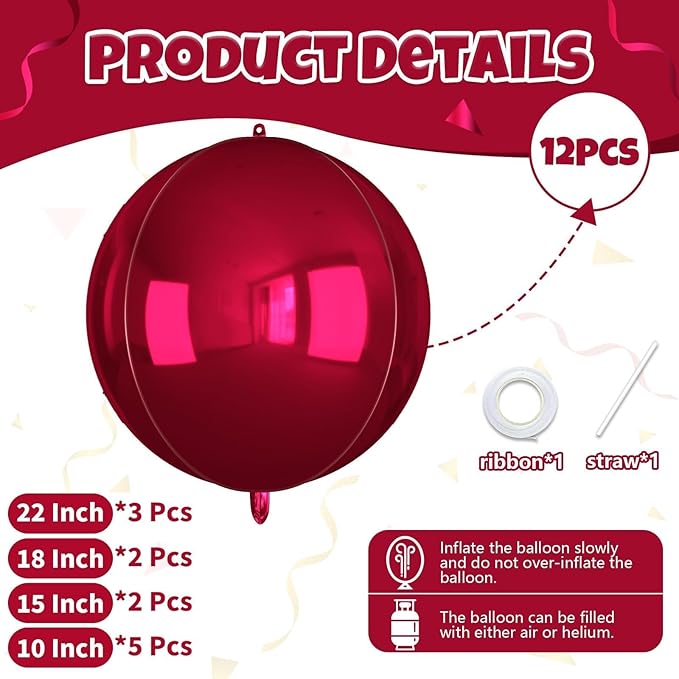 12Pcs Red Round Balloons Foil, 22" 18" 15" 10" 4D Sphere Shaped Balloon Different Size, Large Metallic Dark Red Balloons for Xmas Prom Graduation Baby Shower Birthday Party Decorations Backdrop