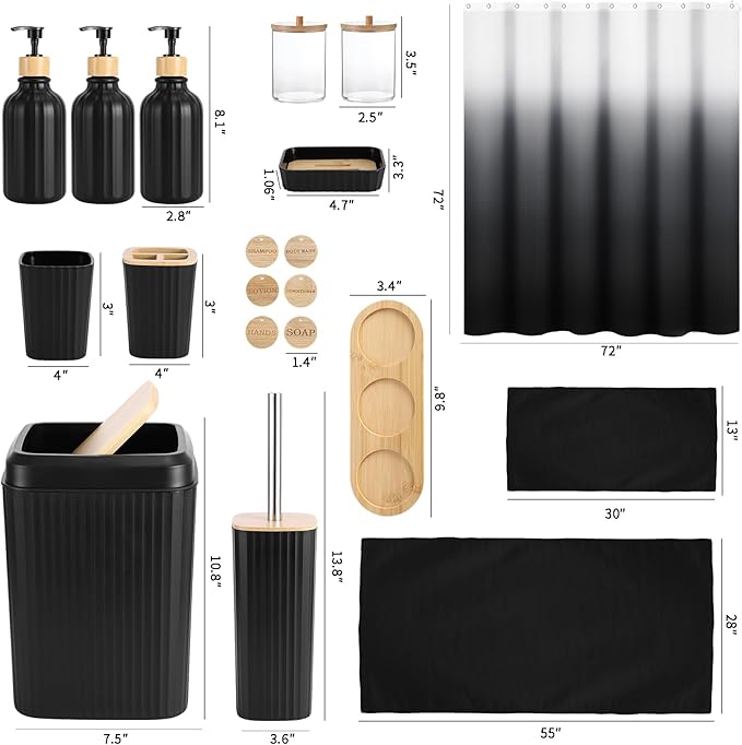 32PCS Bathroom Set Bathroom Accessories with Shower Curtain and Bath Towel,Trash Can,Bathroom Decor,Black Shower Curtain Set,Toilet Brush,Trash Can & 3PCS Soap Dispenser