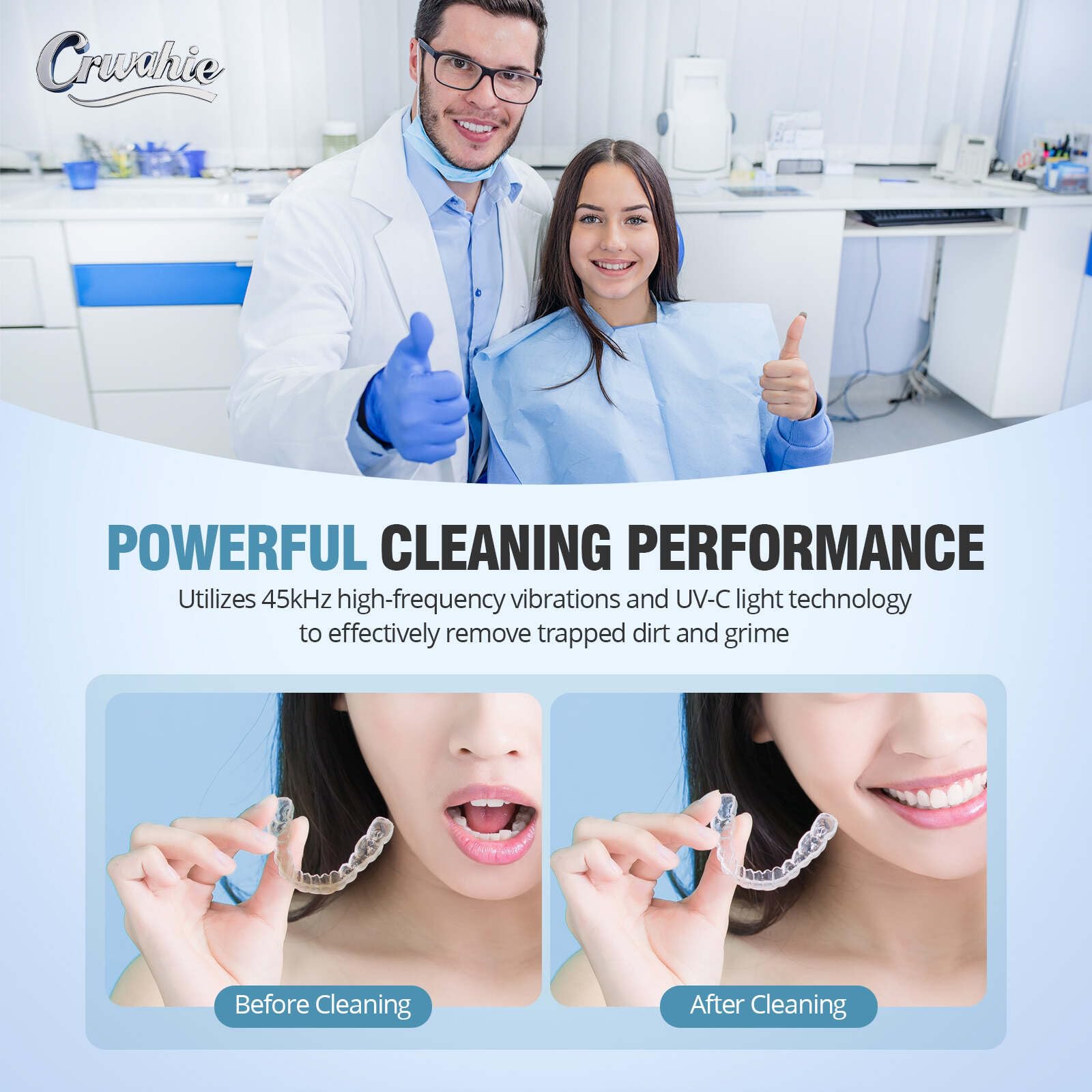 Ultrasonic Retainer Cleaner, Detachable 45kHz Retainer Cleaner Machine 3 Modes Dental Cleaning Pod with Visible Window Digital Timer for Mouth Guard, Dentures, Aligner, Braces, Jewelry - Black