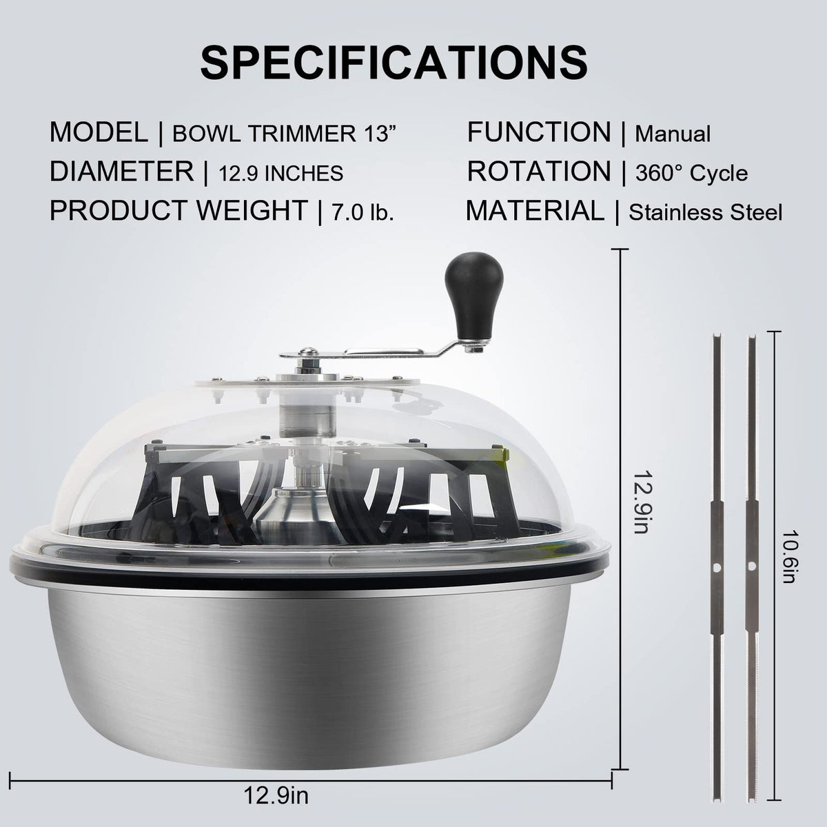 MELONFARM 13 inch Leaf Bowl Trimmer, Bowl Trimmer with Switchable Stainless Steel Blades & Clear Visibility Dome, Hand Twist Spin Cutting Bud Trimmer for Buds, Flowers, Hydroponics Plants