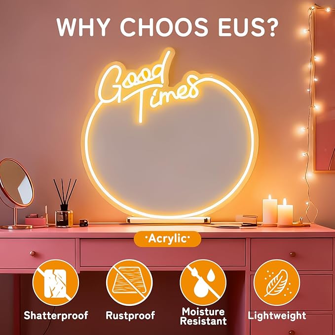 Good Times Neon Sign Mirror, Retro Dimmable Circle Wall Decor with Warm White Light, USB Powered Acrylic Mirror for Bedroom, Living Room