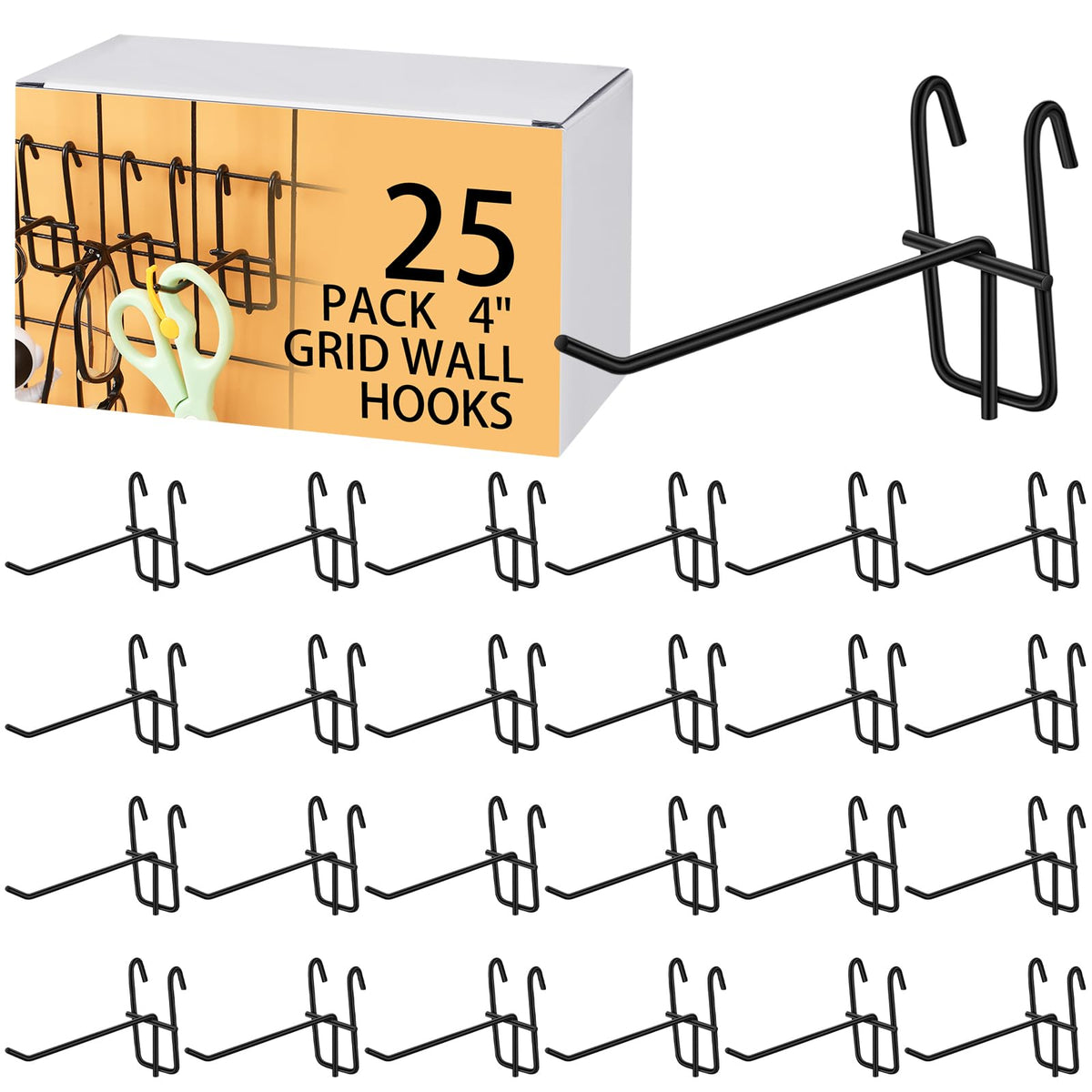 Moxweyeni 4 Inch Grid Wall Hooks 25 Pcs Gridwall Panel Hooks Store Garage Wall Mount Organizers Storage Grid Display Hangers for Retail, Craft Show, Home Setup, Customized Display (Black)