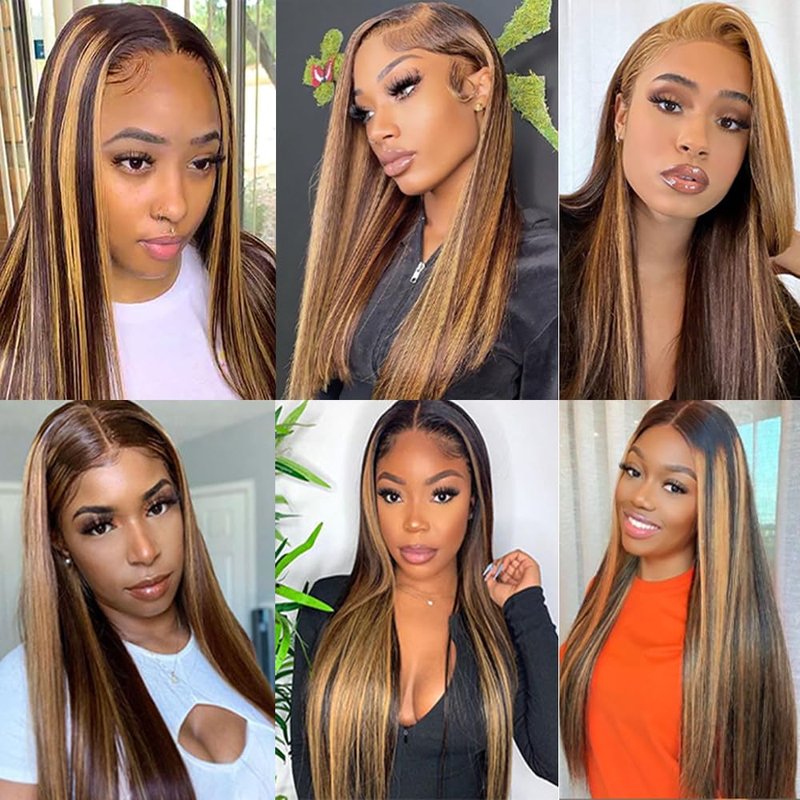 4/27 Human Hair Bundles Ombre Straight Bundles Highlight Bundle 12 14 16 Inch Double Weft Unprocessed Brazilian Virgin Remy Hair Extensions Healthy And Soft 3Pcs/Set Deals