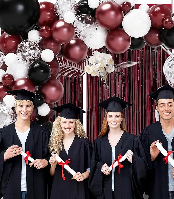 Graduation Party Decorations Maroon White 2026/Graduation Decorations Burgundy Black White Balloon Arch Kit/Burgundy Black Silver Confetti Balloons 134pcs/Maroon Birthday Wedding Party Decor